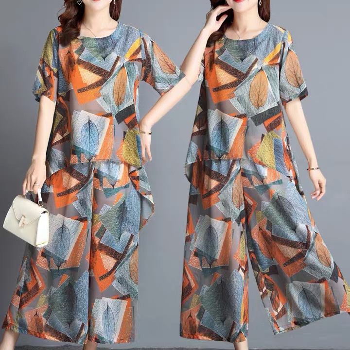 Mother summer suit fashion chiffon short sleeved middle-aged women summer dress western style blouse and middle-aged skirt pants two-piece set thumbnail