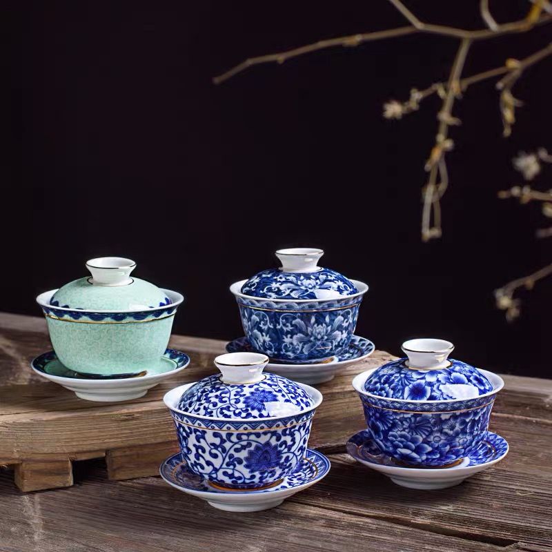 琨琨陶瓷 陶瓷茶具南金金边青花瓷茶具大套 家用客厅功夫茶具茶杯茶洗简约满彩泡茶壶盖碗 134详情2