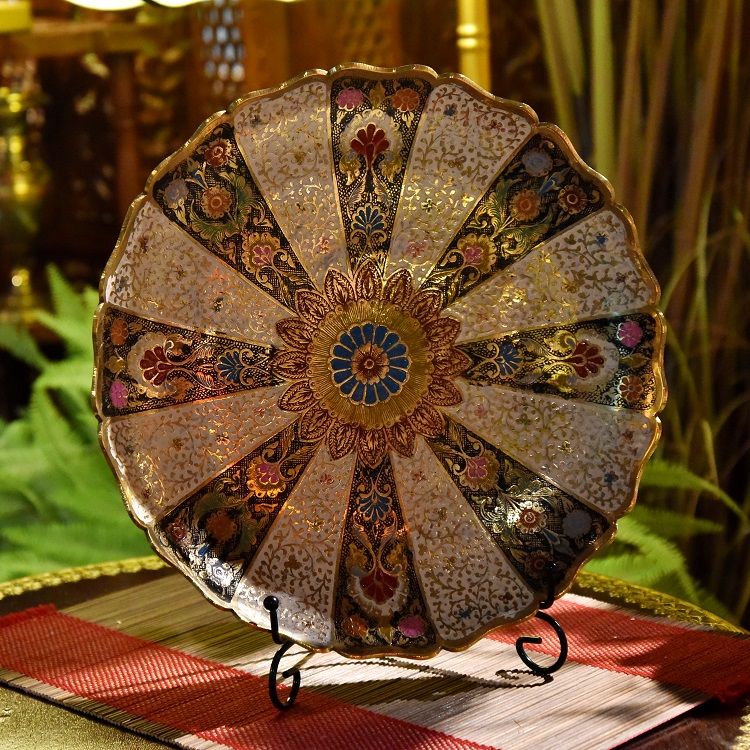 手绘黑拼白大铜盘印度进口创意家居装饰品现代餐桌茶几摆件图