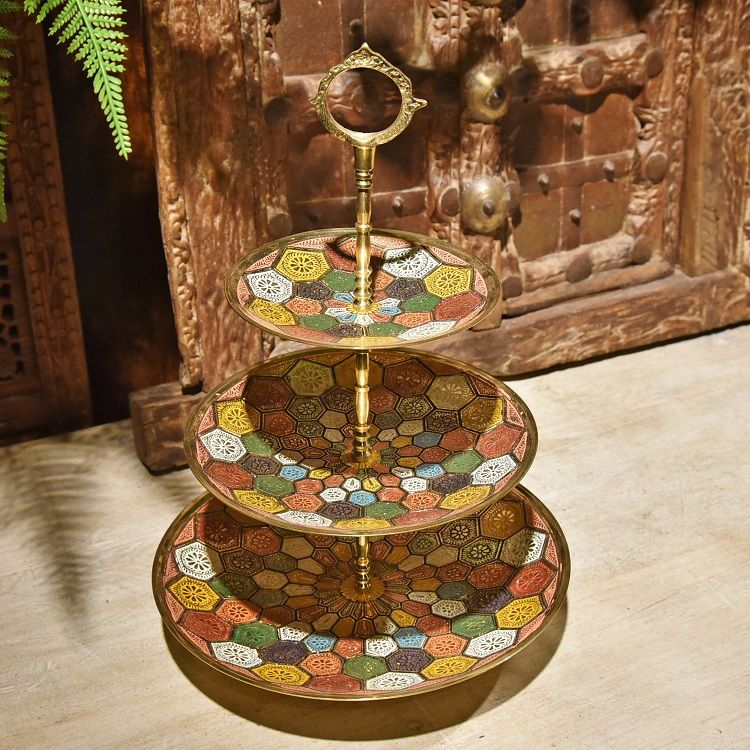 手绘多彩三层铜盘印度进口家居装饰品茶几摆件产品图