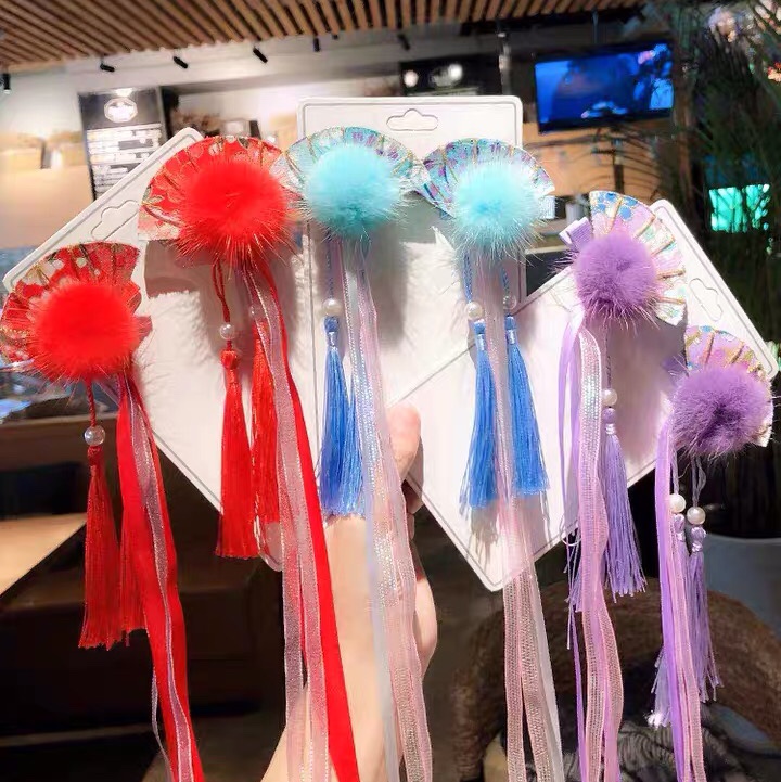 女童发夹中国风系扇子貂毛飘带古风发饰流苏儿童发夹