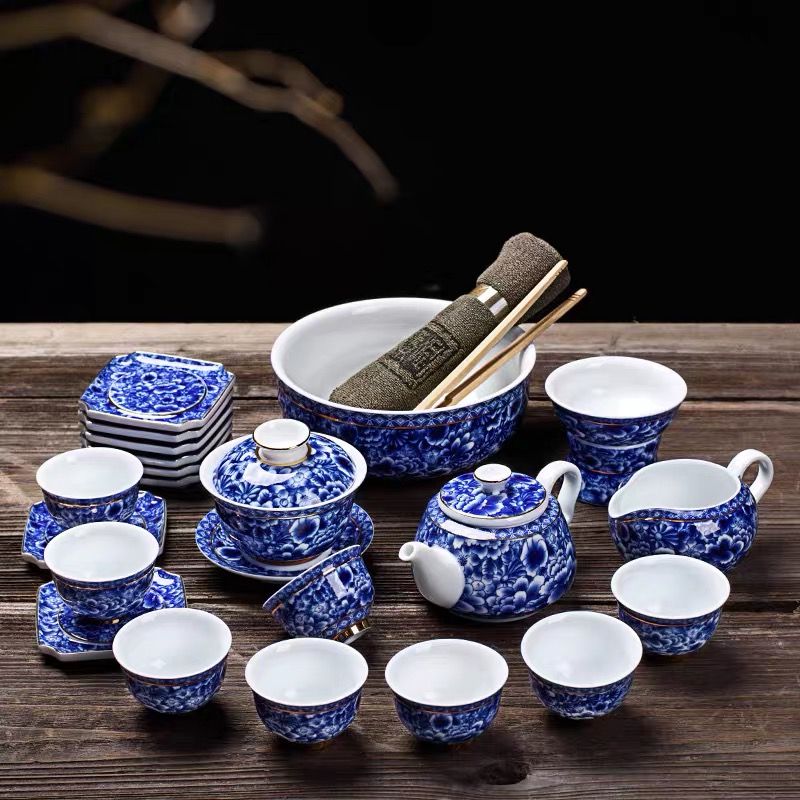 琨琨陶瓷 陶瓷茶具南金金边青花瓷茶具大套 家用客厅功夫茶具茶杯茶洗简约满彩泡茶壶盖碗 134
