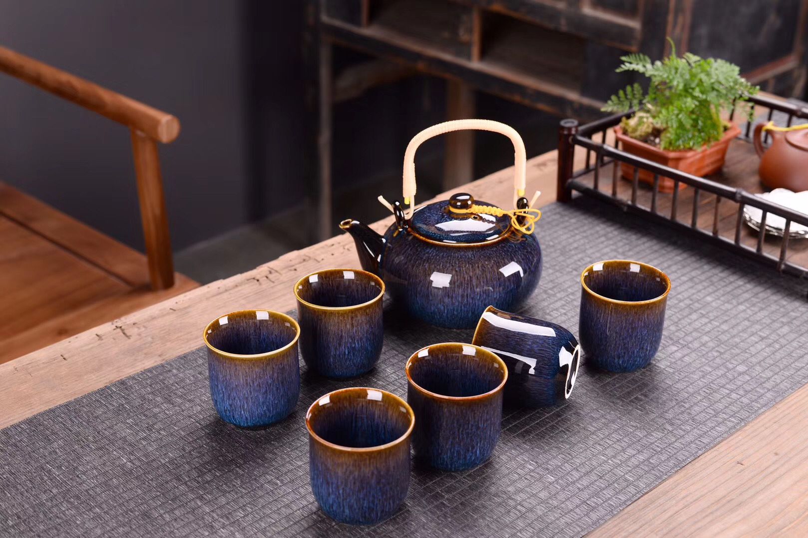 Kunkun Ceramics' new 7-piece set of Chinese-style Ge kiln crackle handle teapot tea sets, home large-capacity office reception Kung Fu tea cups, complete set gift box 120 detail image 1