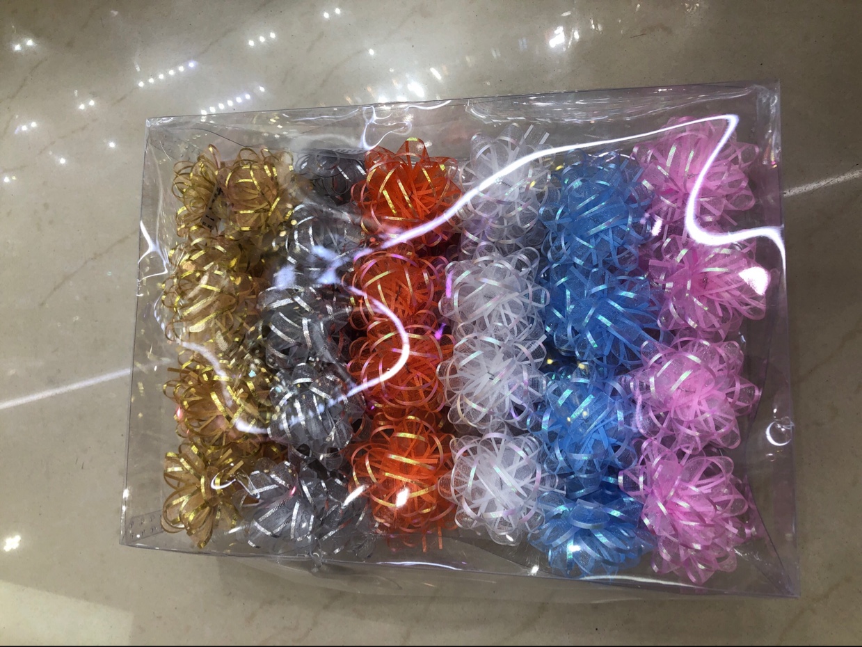 2寸花 雪纱星星花金色银色礼品盒拉花圣诞节日生日装饰花半圆形透明花球72朵/PVC产品图