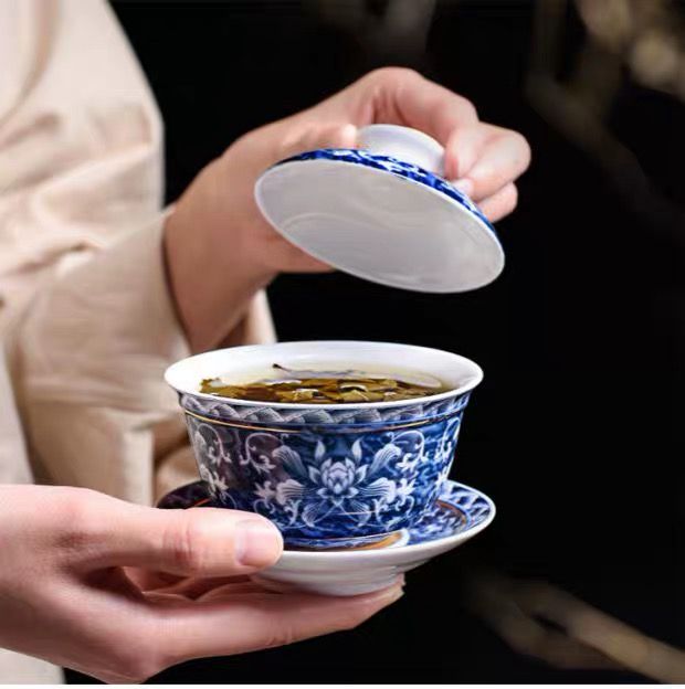 琨琨陶瓷 陶瓷茶具南金金边青花瓷茶具大套 家用客厅功夫茶具茶杯茶洗简约满彩泡茶壶盖碗 134详情8