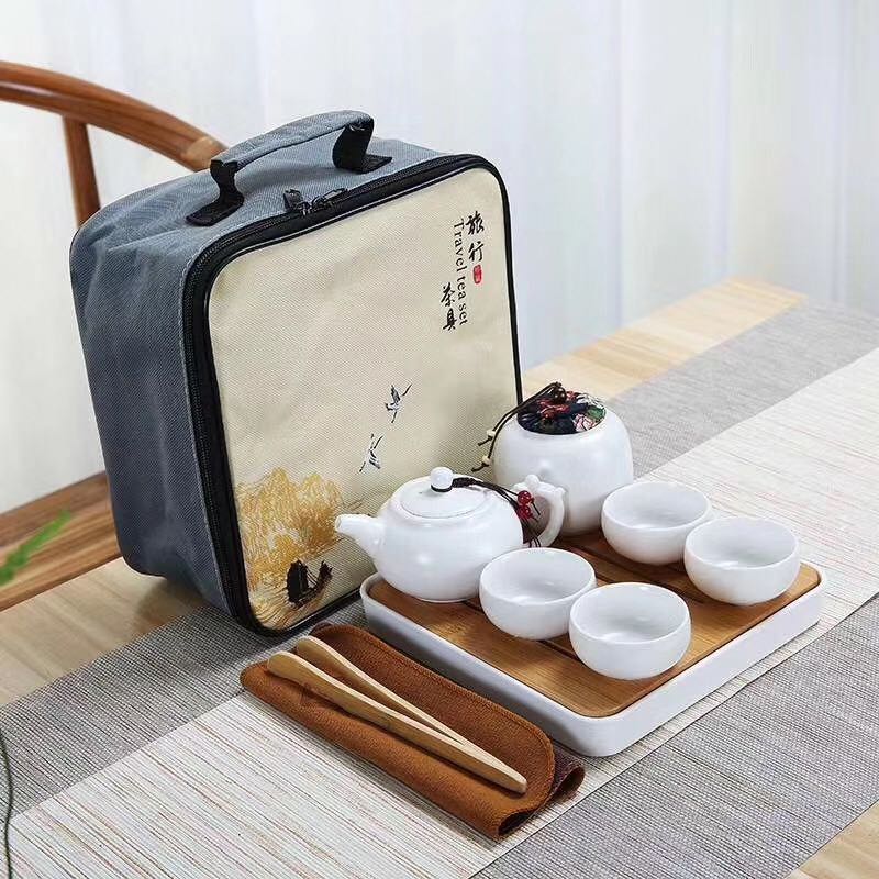 Kun Kun Ceramics Factory Direct Sales of Ding Kiln Travel Kung Fu Tea sets, travel set, one pot, four cups, portable bag with tea canister, customized logo 115 pic 1