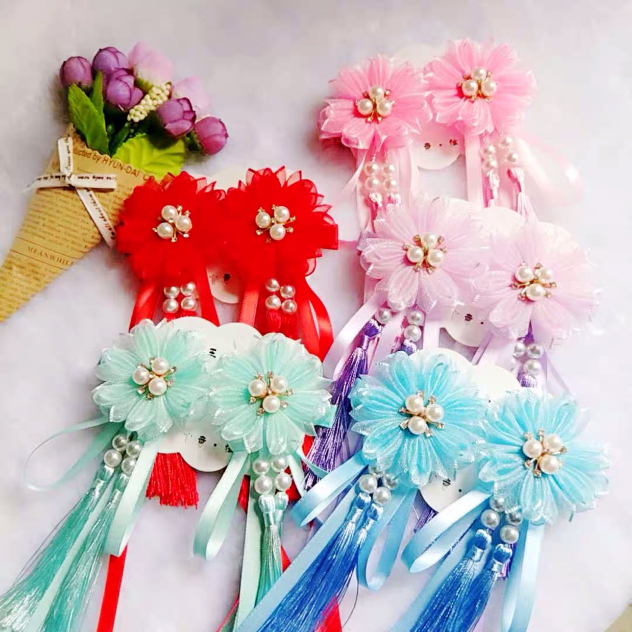 女童古风发饰中国风汉服头饰儿童发夹流苏步摇古装配饰长飘带