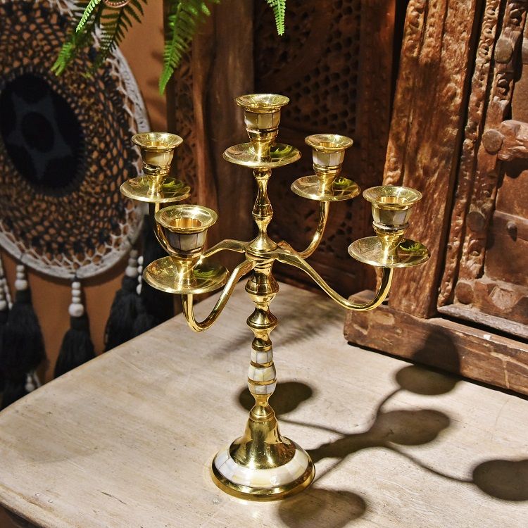 Brass inlaid shell five-hole candlestick, Indian imported home decoration, table and coffee table ornaments detail image 1