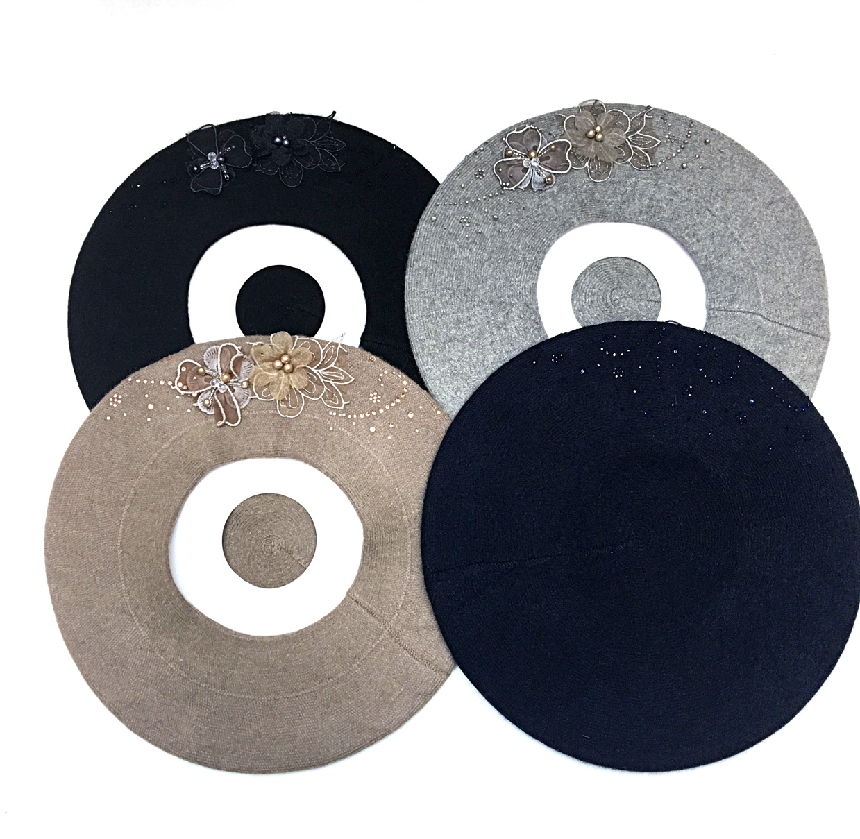 Women's New Year's water diamond two-flower hand-woven cashmere beret fashionable professional hat Specification image