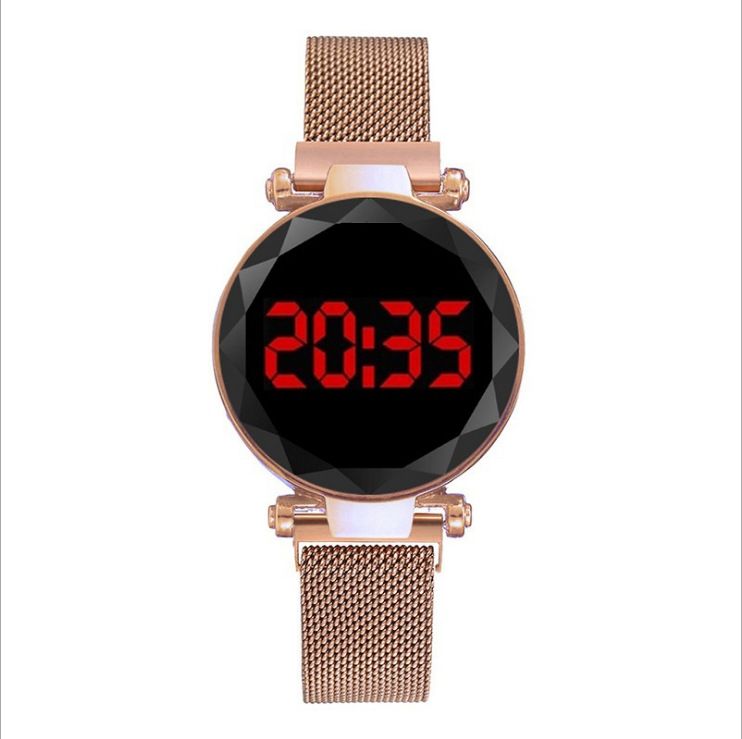 New trendy and fashionable electronic watch, ladies' trendy touch screen LED cold light magnet Milan mesh strap wristwatch