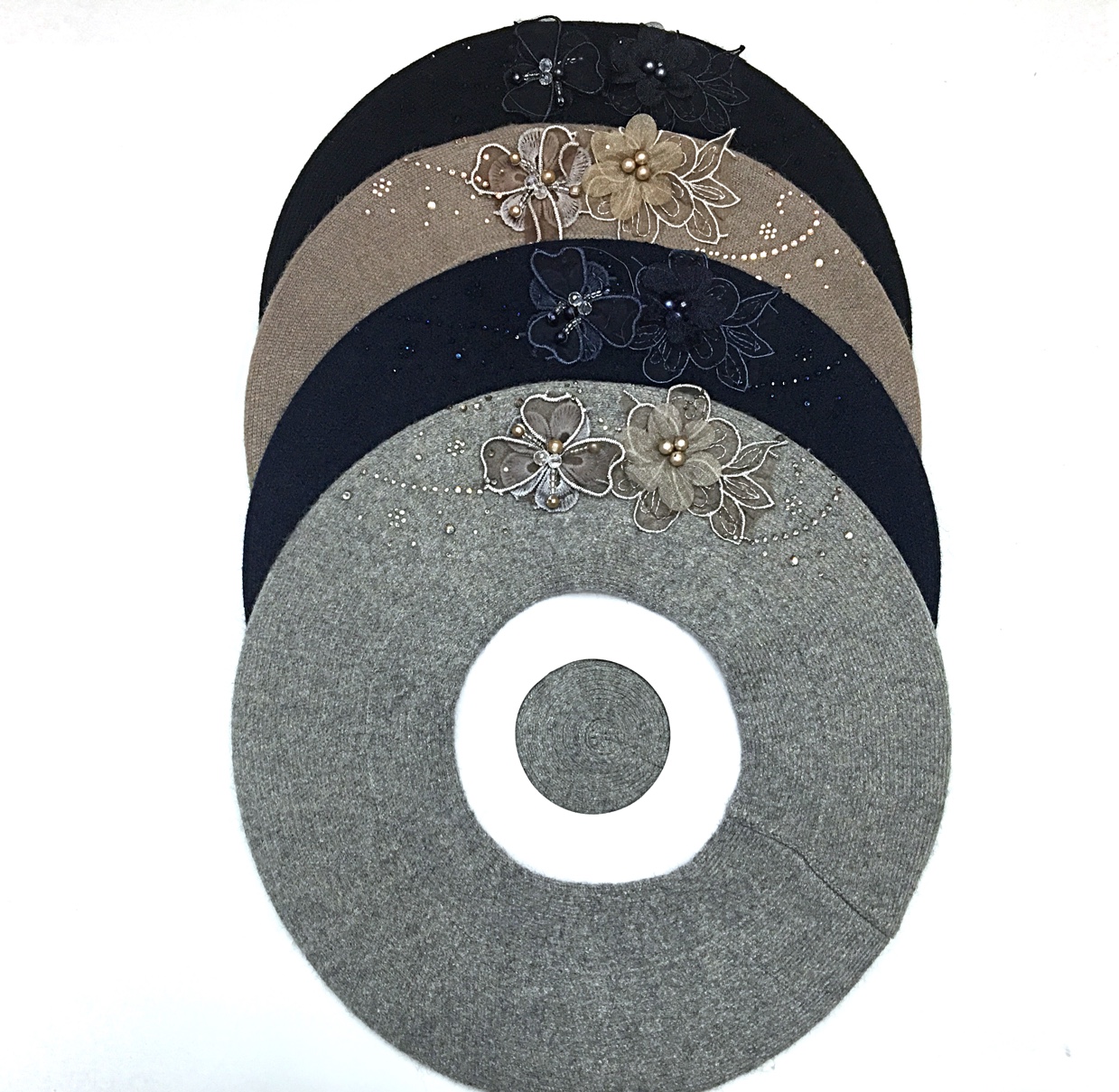 Women's New Year's water diamond two-flower hand-woven cashmere beret fashionable professional hat