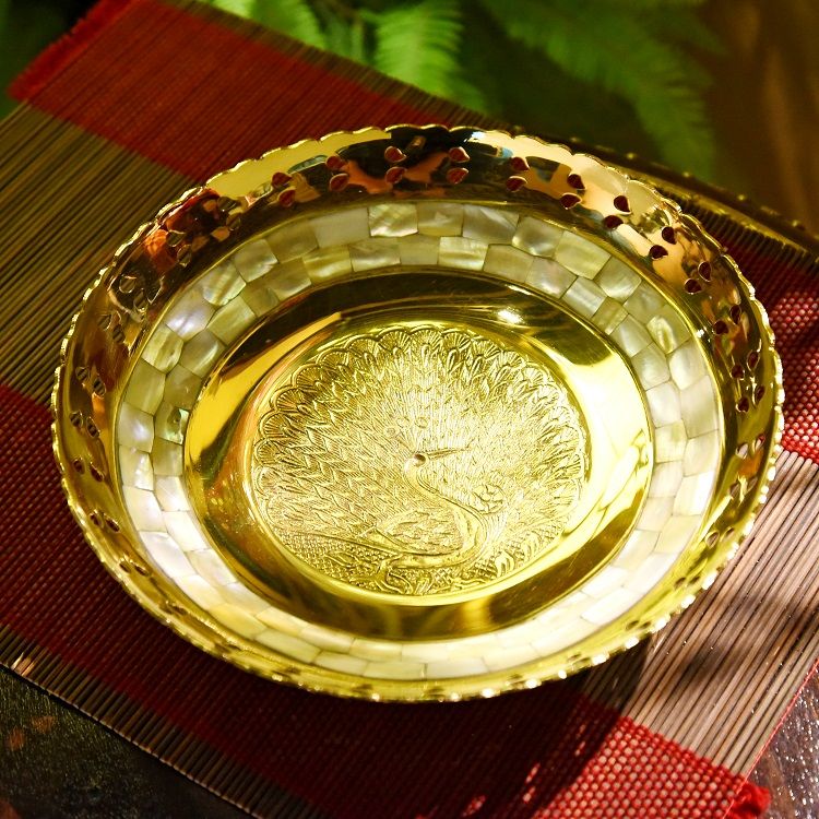 Brass shell inlaid fruit plate, Indian imported metal fruit plate, for villa home decoration, table and coffee table ornaments detail image 1
