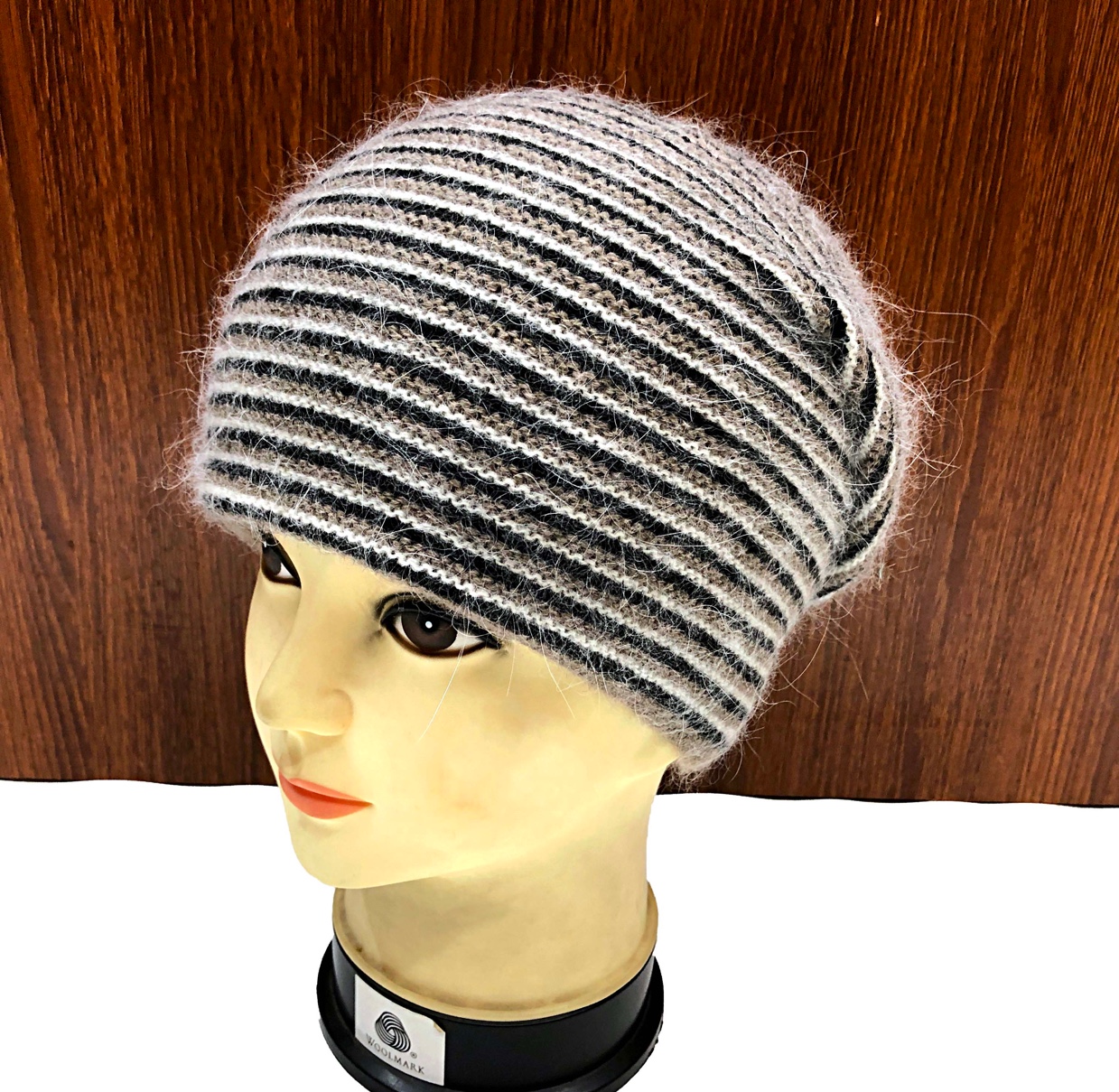 Banma striped Angora rabbit fur turtleneck hat