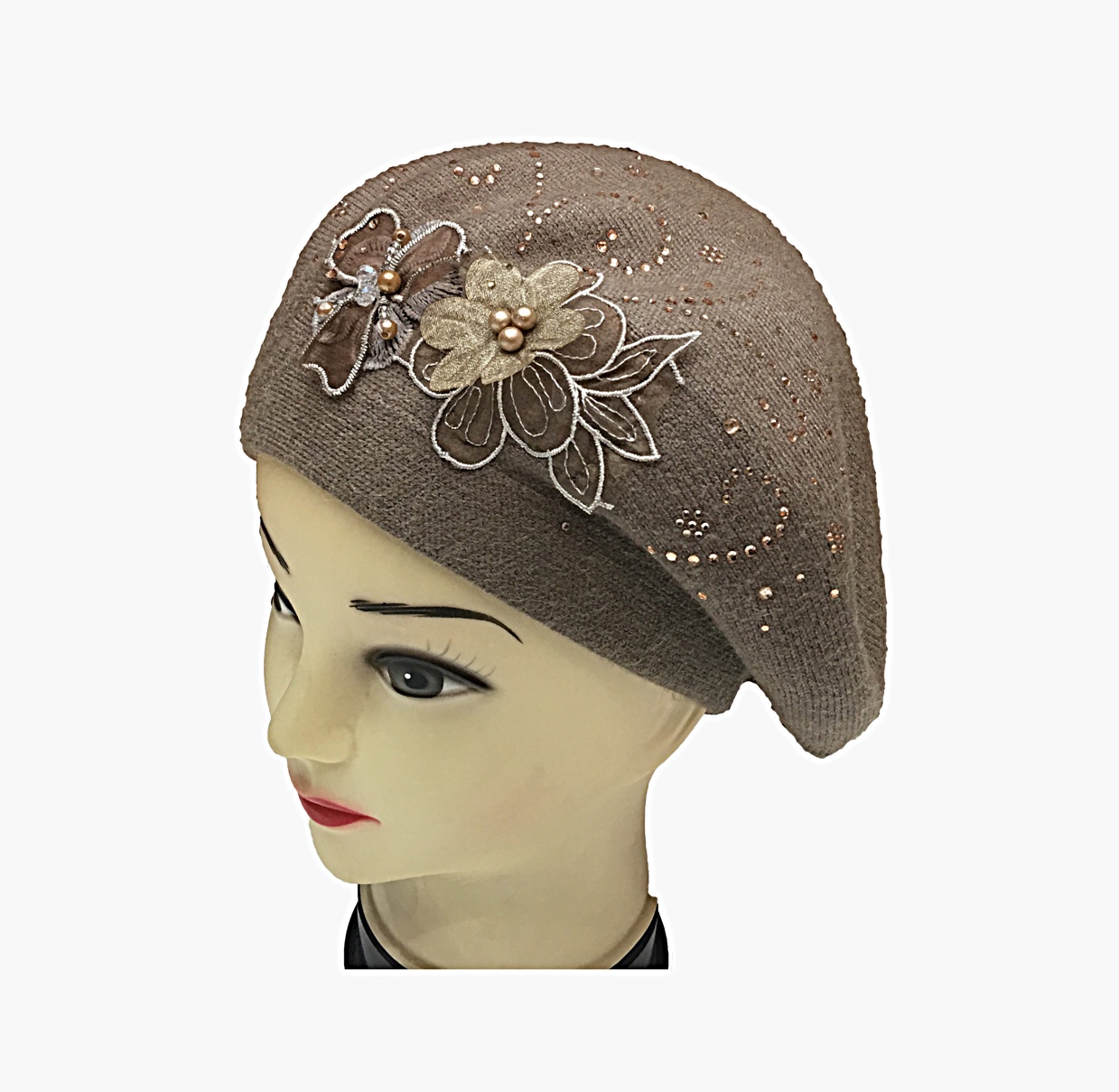 Women's New Year's water diamond two-flower hand-woven cashmere beret fashionable professional hat undefined