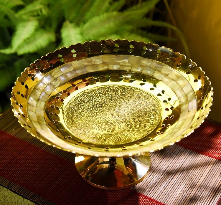 黄铜嵌贝壳高脚果盘印度进口金属果盘家居装饰品餐桌茶几摆件详情图1