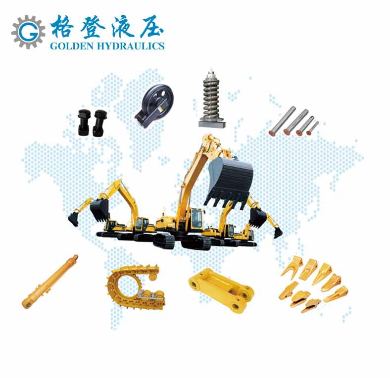 Excavator chassis parts, support wheels, guide wheels, chain plates, bucket pins, tensioning cylinders, drive teeth, motor graders, knife plates, knife angles details Picture