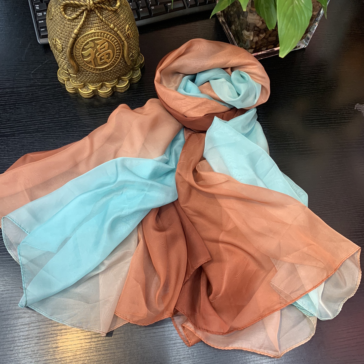 Gold scarf, chiffon print, versatile for beach casual wear, a must-have for travel and photography undefined