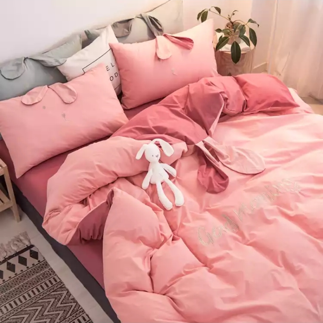 Washed Cotton Four-Piece Set Pure Cotton Japanese Solid Color Simple Hotel Bedding Pure Cotton Quilt Cover Bed Sheet Pillowcase D Red