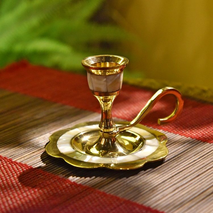 黄铜嵌贝壳创意烛台印度进口家居装饰品餐桌茶几摆件 小