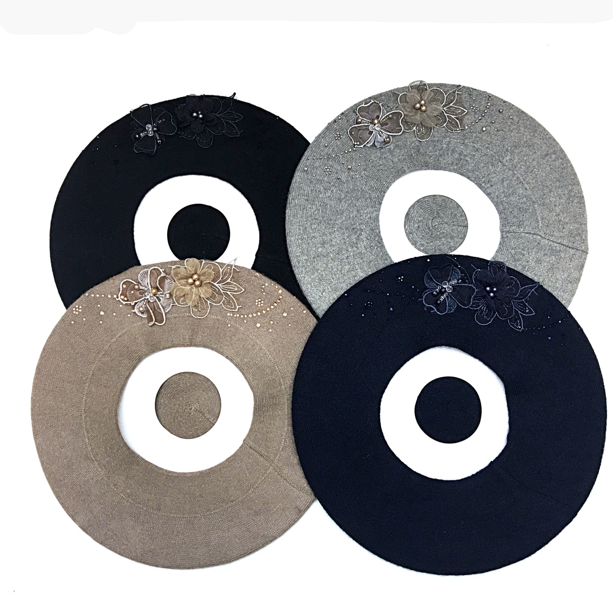 Women's New Year's water diamond two-flower hand-woven cashmere beret fashionable professional hat details Picture