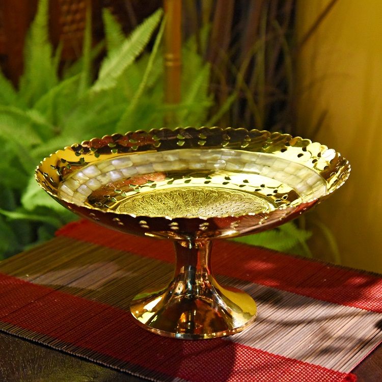 黄铜嵌贝壳高脚果盘印度进口金属果盘家居装饰品餐桌茶几摆件详情图2