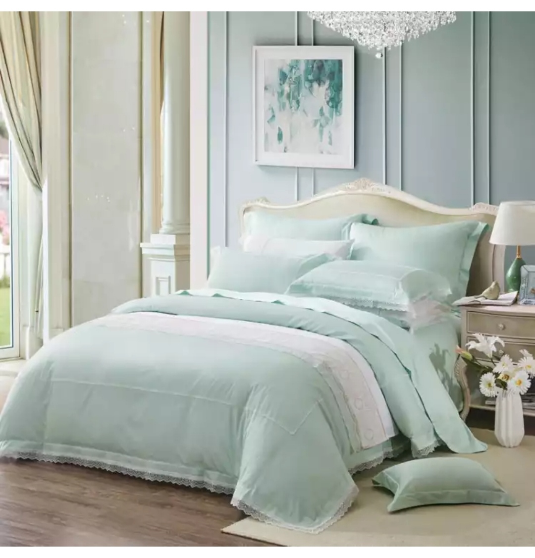 Washed Cotton Four-Piece Pure Cotton Japanese Solid Color Simple Hotel Bedding Pure Cotton Quilt Cover Bed Sheet Pillowcase D Green