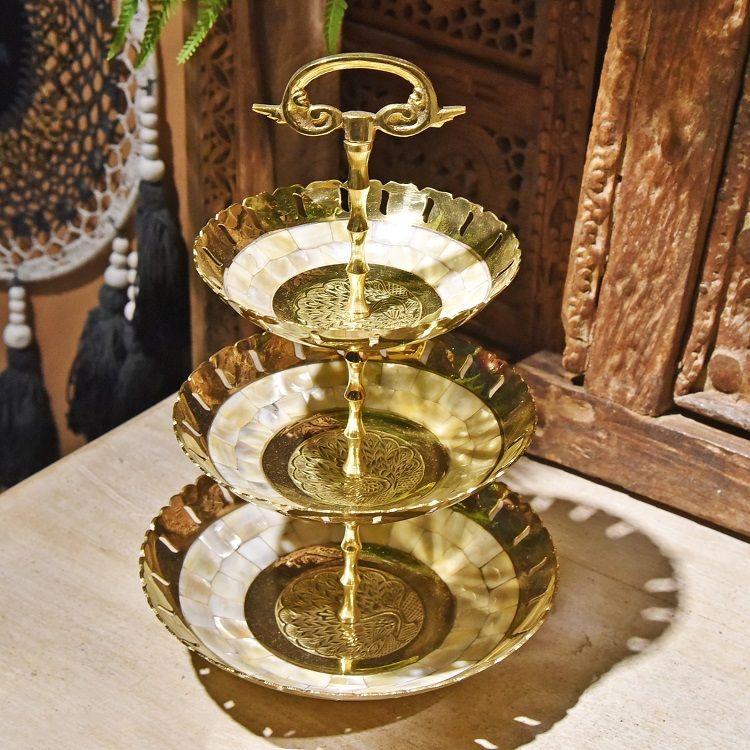 Three-layer fruit platter with brass inlaid shells, imported metal fruit platter from India, home decoration, table and coffee table ornaments