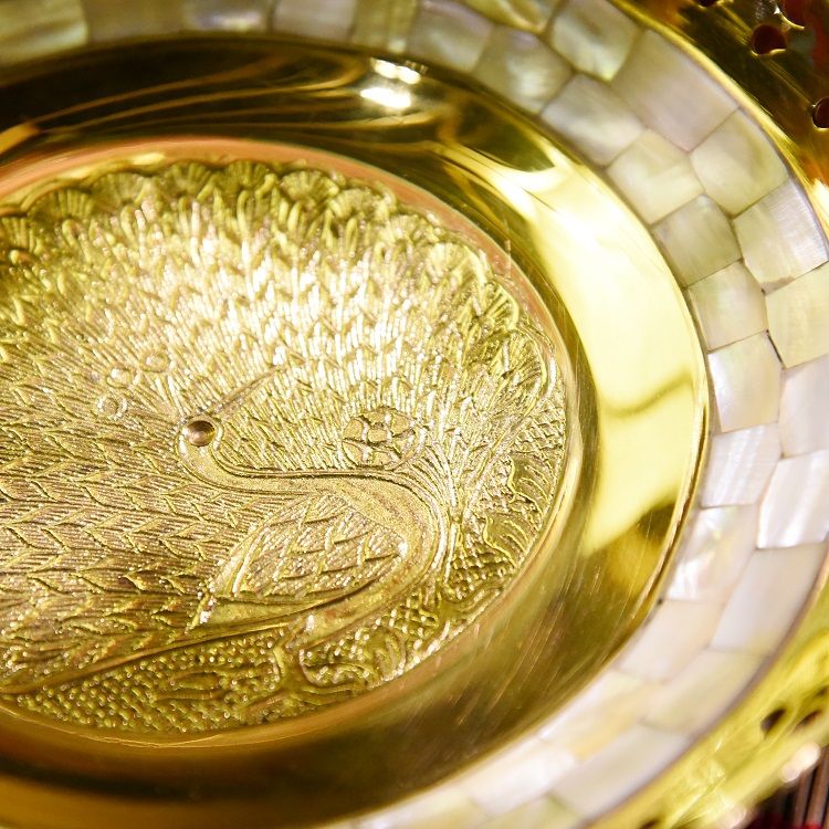 黄铜嵌贝壳果盘印度进口金属果盘别墅家居装饰品餐桌茶几摆件 大