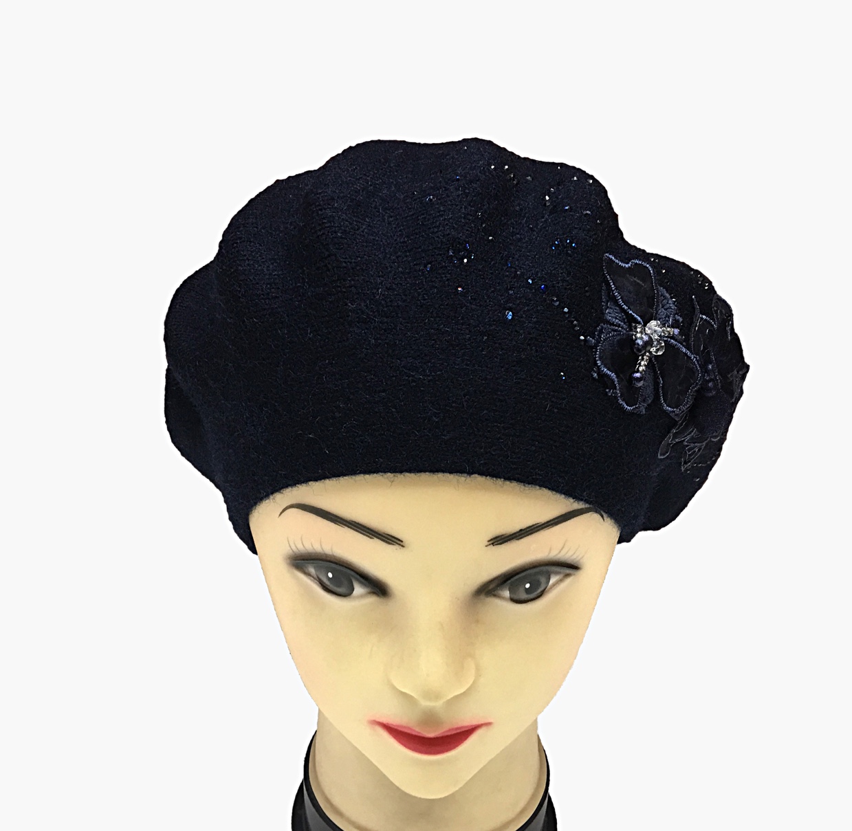 Women's New Year's water diamond two-flower hand-woven cashmere beret fashionable professional hat undefined