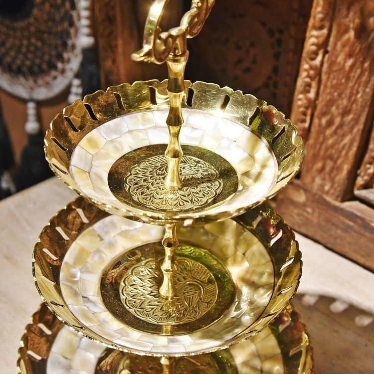 Three-layer fruit platter with brass inlaid shells, imported metal fruit platter from India, home decoration, table and coffee table ornaments details Picture
