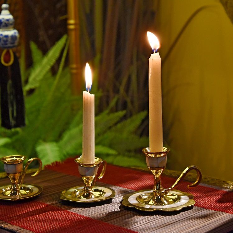 Brass shell inlaid creative candlestick, Indian imported home decoration, large dining table and coffee table ornaments details Picture