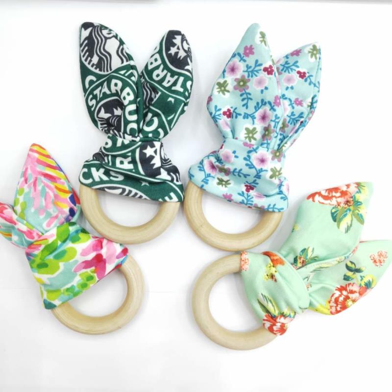 European and American popular baby molar beech wood ring pure cotton rabbit ear baby nibbling toys thumbnail
