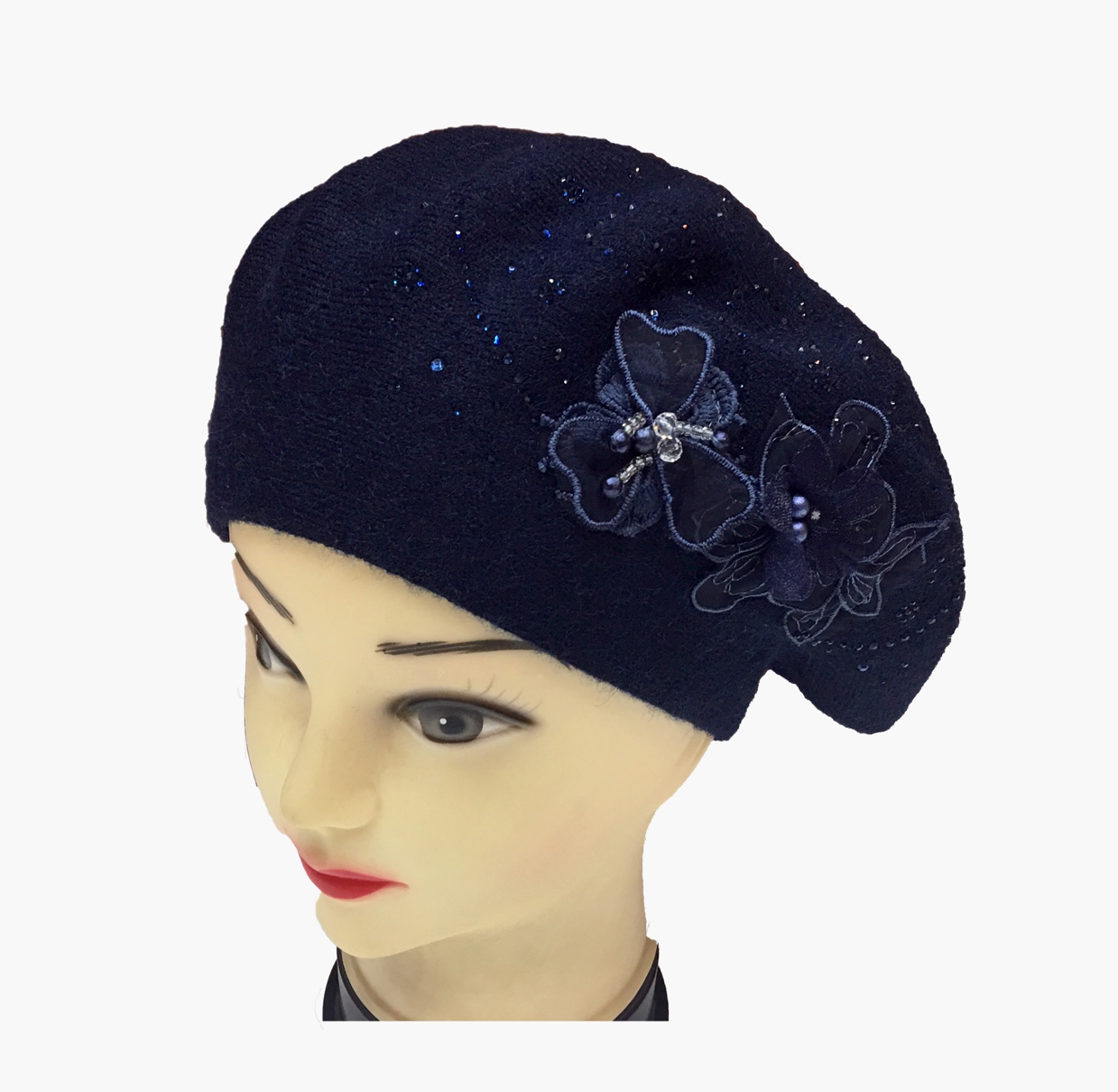 Women's New Year's water diamond two-flower hand-woven cashmere beret fashionable professional hat undefined