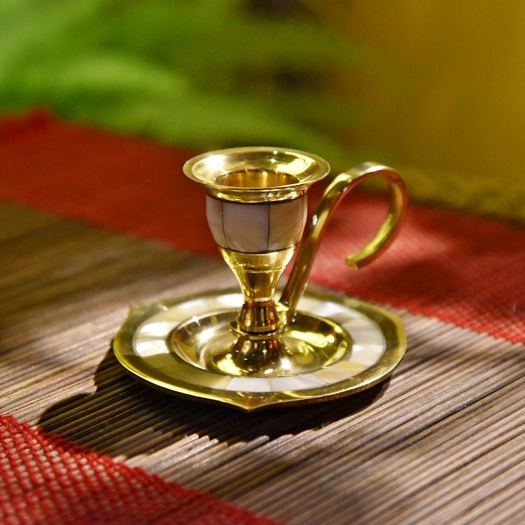 Brass shell inlaid creative candlestick, Indian imported home decoration, large dining table and coffee table ornaments