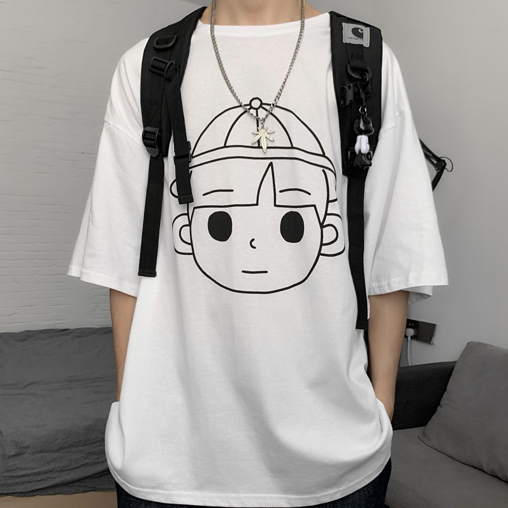 5895-P38 original in-stock summer new short-sleeved class uniform simple Sketch couple style expression head Print T-shirt detail image 12