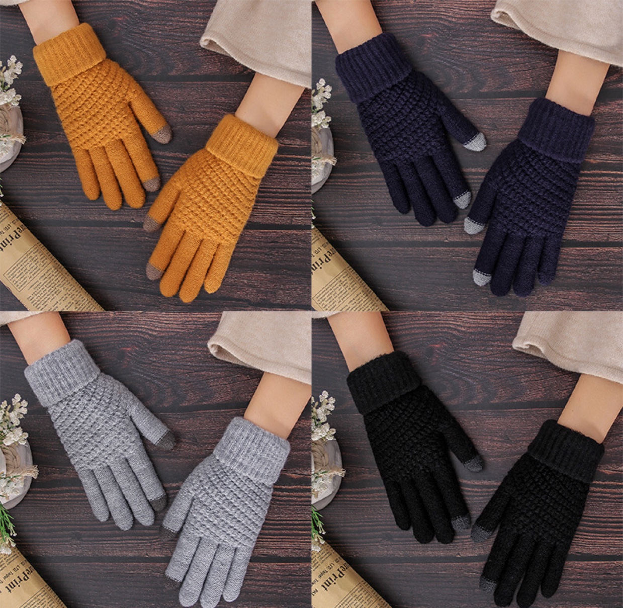 Korean version of cute student couple gloves, autumn and winter touch screen thickened warm fleece knitted five-fingered woolen gloves, student mobile phone playing and cycling gloves details Picture