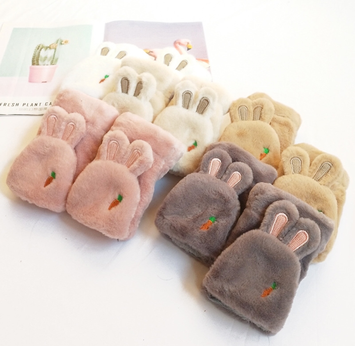 Korean version radish rabbit gloves for girls in autumn and winter, thickened and warm flip cover, half-finger cute rabbit ears, student cold-proof soft girl fleece gloves