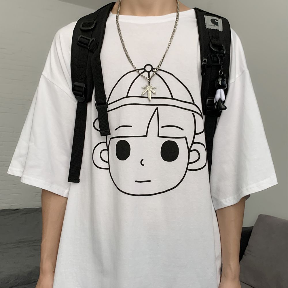 5895-P38 original in-stock summer new short-sleeved class uniform simple Sketch couple style expression head Print T-shirt detail image 11