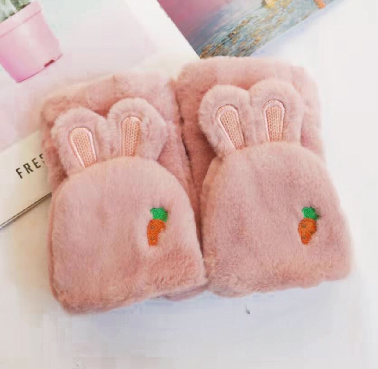 Korean version radish rabbit gloves for girls in autumn and winter, thickened and warm flip cover, half-finger cute rabbit ears, student cold-proof soft girl fleece gloves undefined
