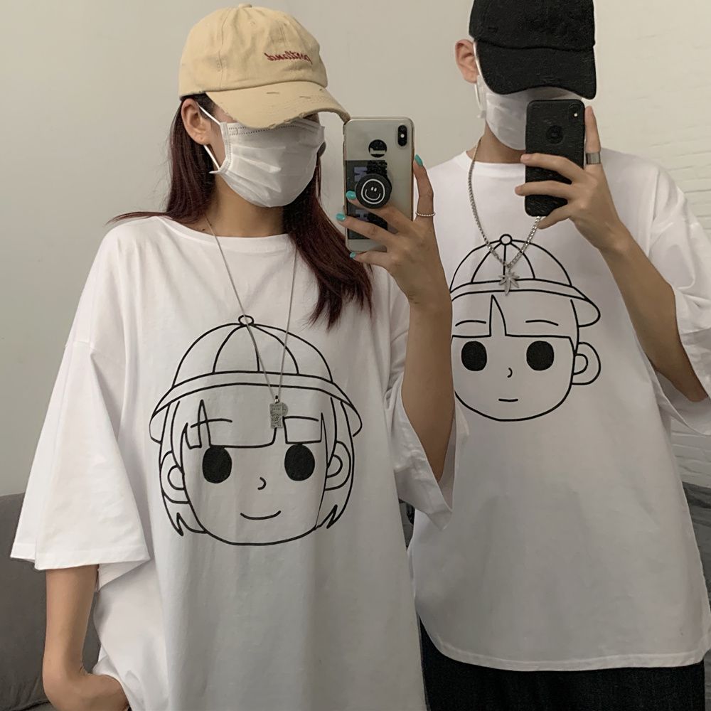 5895-P38 original in-stock summer new short-sleeved class uniform simple Sketch couple style expression head Print T-shirt detail image 2