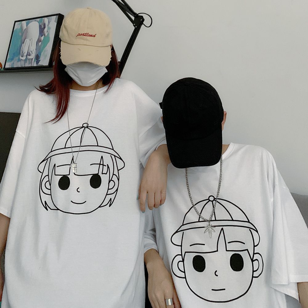 5895-P38 original in-stock summer new short-sleeved class uniform simple Sketch couple style expression head Print T-shirt detail image 1