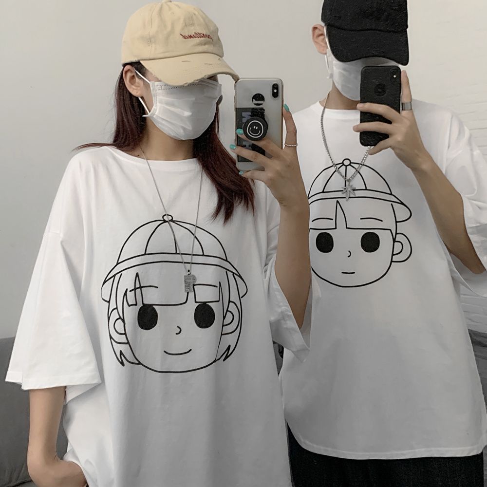5895-P38 original in-stock summer new short-sleeved class uniform simple Sketch couple style expression head Print T-shirt