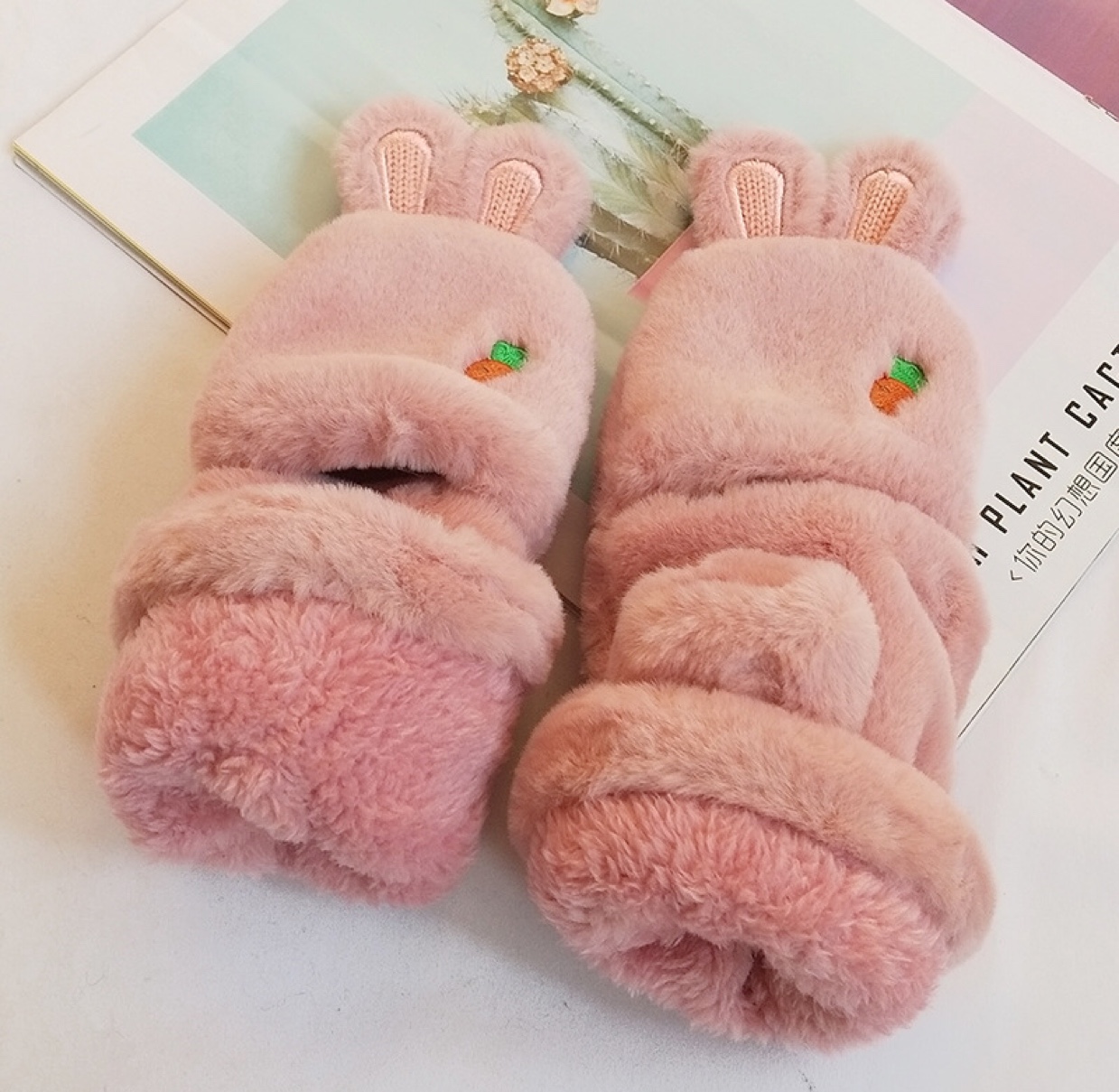 Korean version radish rabbit gloves for girls in autumn and winter, thickened and warm flip cover, half-finger cute rabbit ears, student cold-proof soft girl fleece gloves Application Scenario