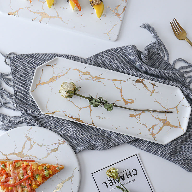 A modern and fashionable Nordic-style marble-patterned gold frosted ceramic round pizza, dessert plate and Western dining plate Item Picture