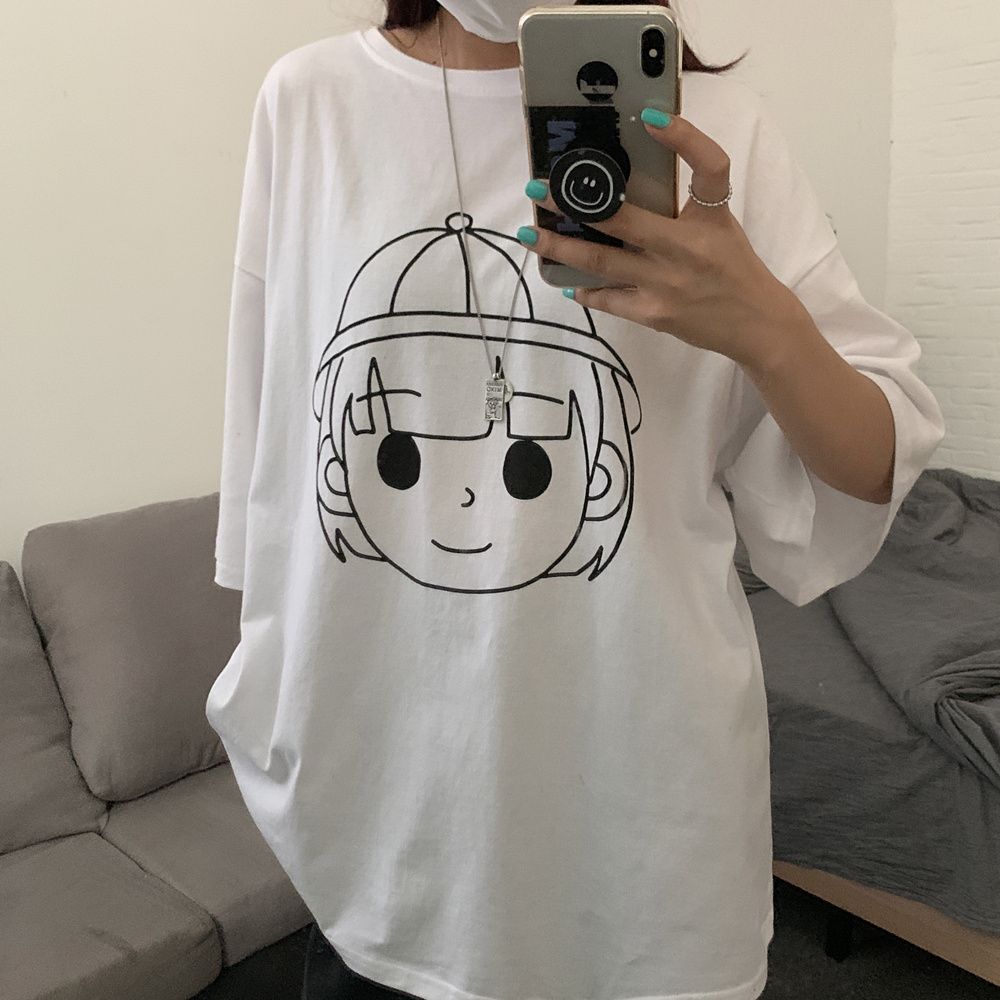 5895-P38 original in-stock summer new short-sleeved class uniform simple Sketch couple style expression head Print T-shirt detail image 7