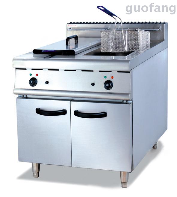 Electric double-cylinder double-sieve fryer with cabinet base, stainless steel X-908
