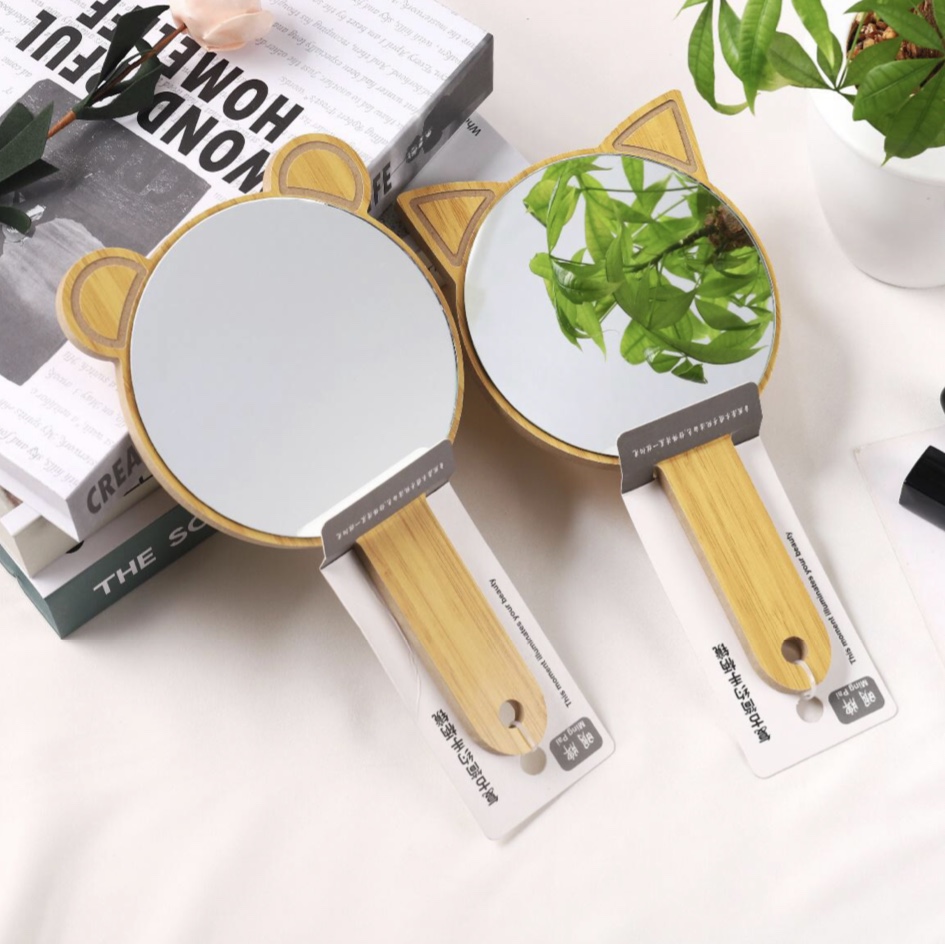 木镜 木质手柄镜梳妆镜 浴室镜 桌面镜