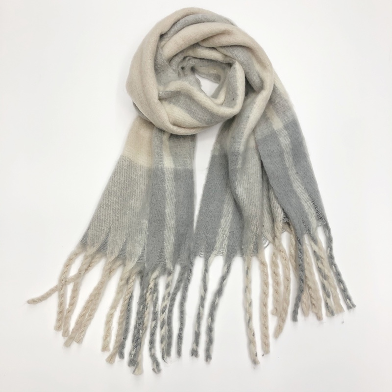 Autumn And Winter Foreign Trade New Striped Check Double Head Gradual Thickened Thick Braid Scarf Beige