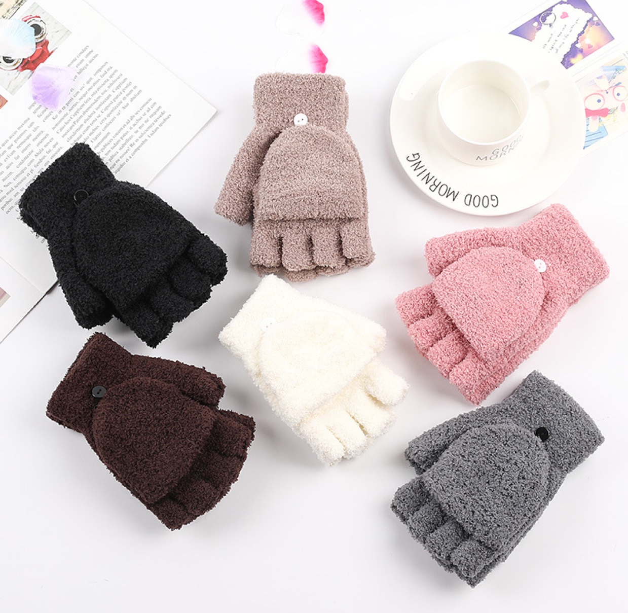 Coral fleece flip-top half-finger gloves for autumn and winter, Korean-style cold-proof student writing and internet-surfing gloves for both men and women