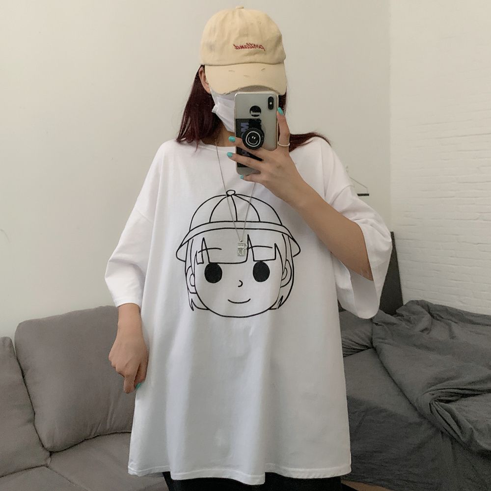 5895-P38 original in-stock summer new short-sleeved class uniform simple Sketch couple style expression head Print T-shirt detail image 9